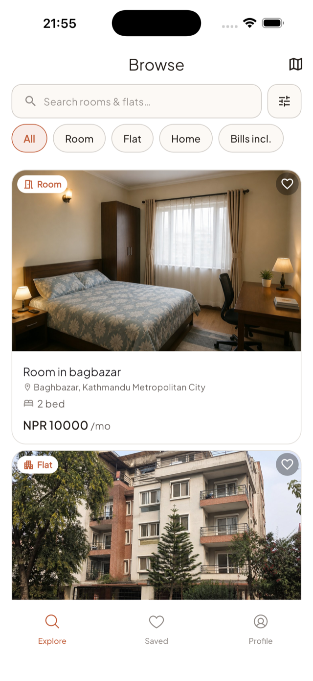No Daley browse screen showing rooms and flats in Kathmandu