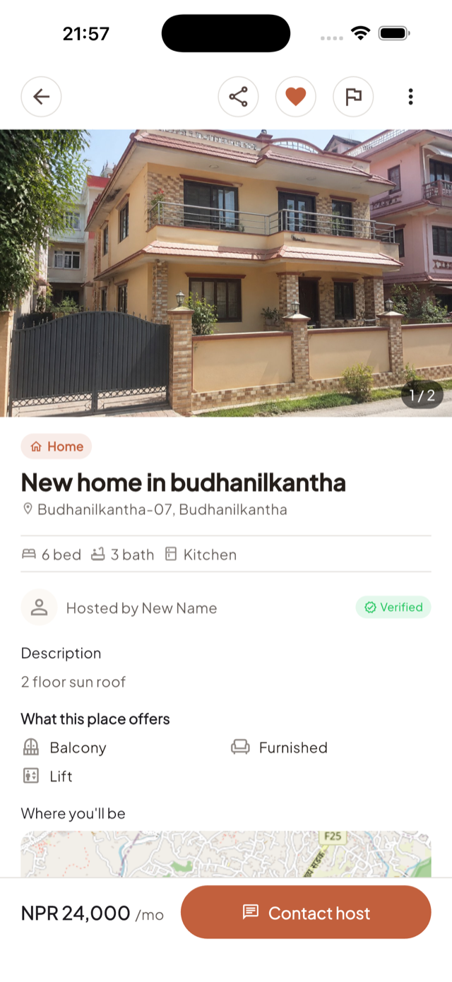 Listing details, amenities, price, and contact owner button